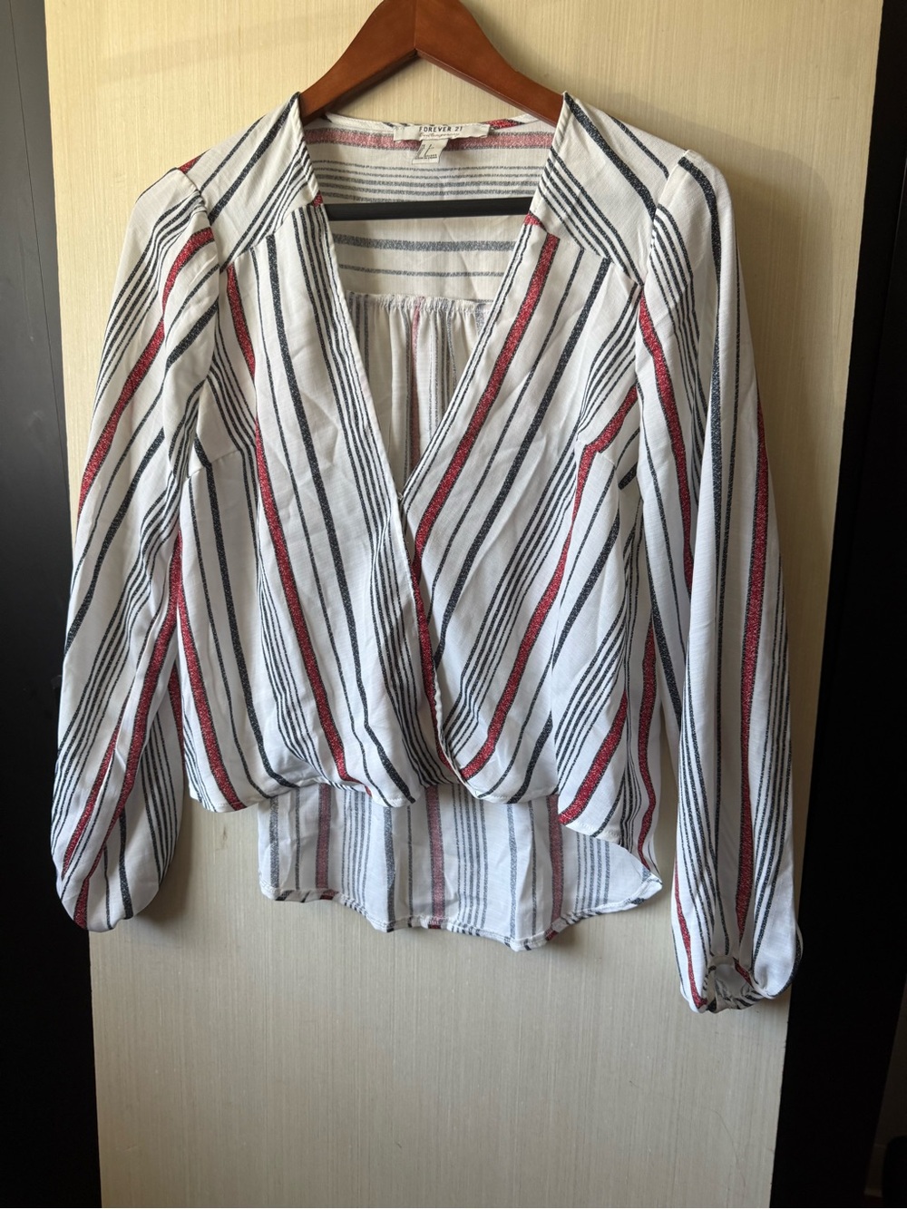 Striped Wrap V-Neck Long Sleeve Women’s Top - White with Red & Black Stripes